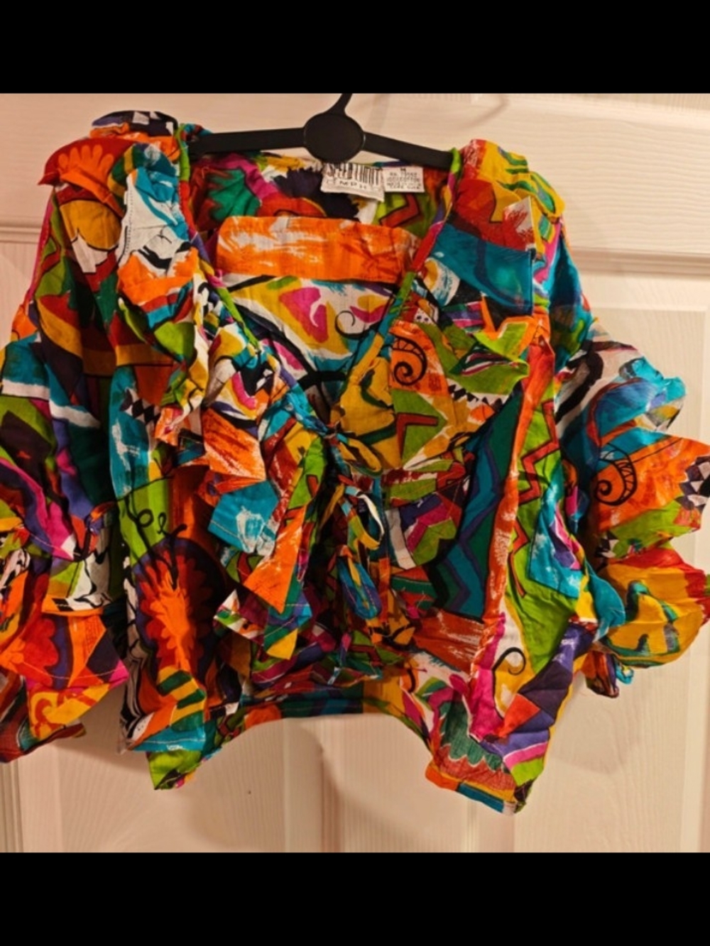 Vibrant Multi-Color Ruffle V-Neck Women's Top - Picture 4 of 8